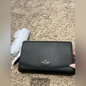 kate spade Black Saffiano Crossbody Wallet with Gold Logo